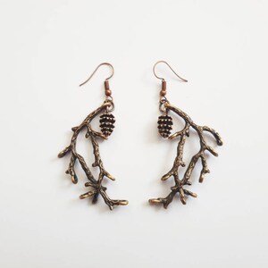 Cottagecore earrings "Forest Magic" with branches and pine cones in old gold