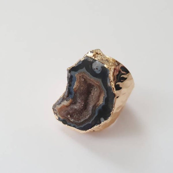 Verstellbarer Statement Ring "Luxurious Black" mit echter Achat Geode