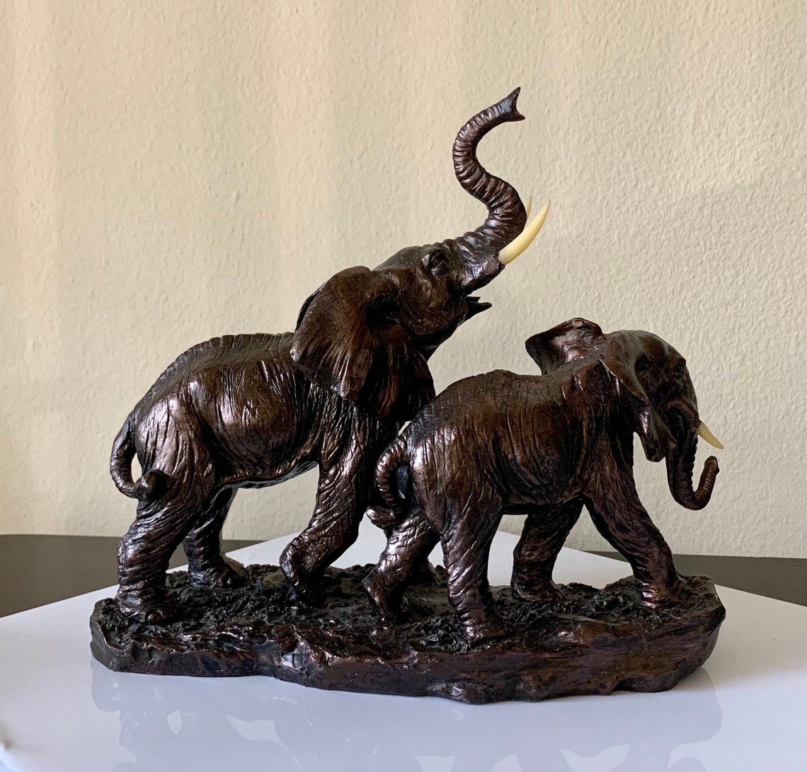 Sculptured Bronze Two Elephants Table Top Statues Etsy