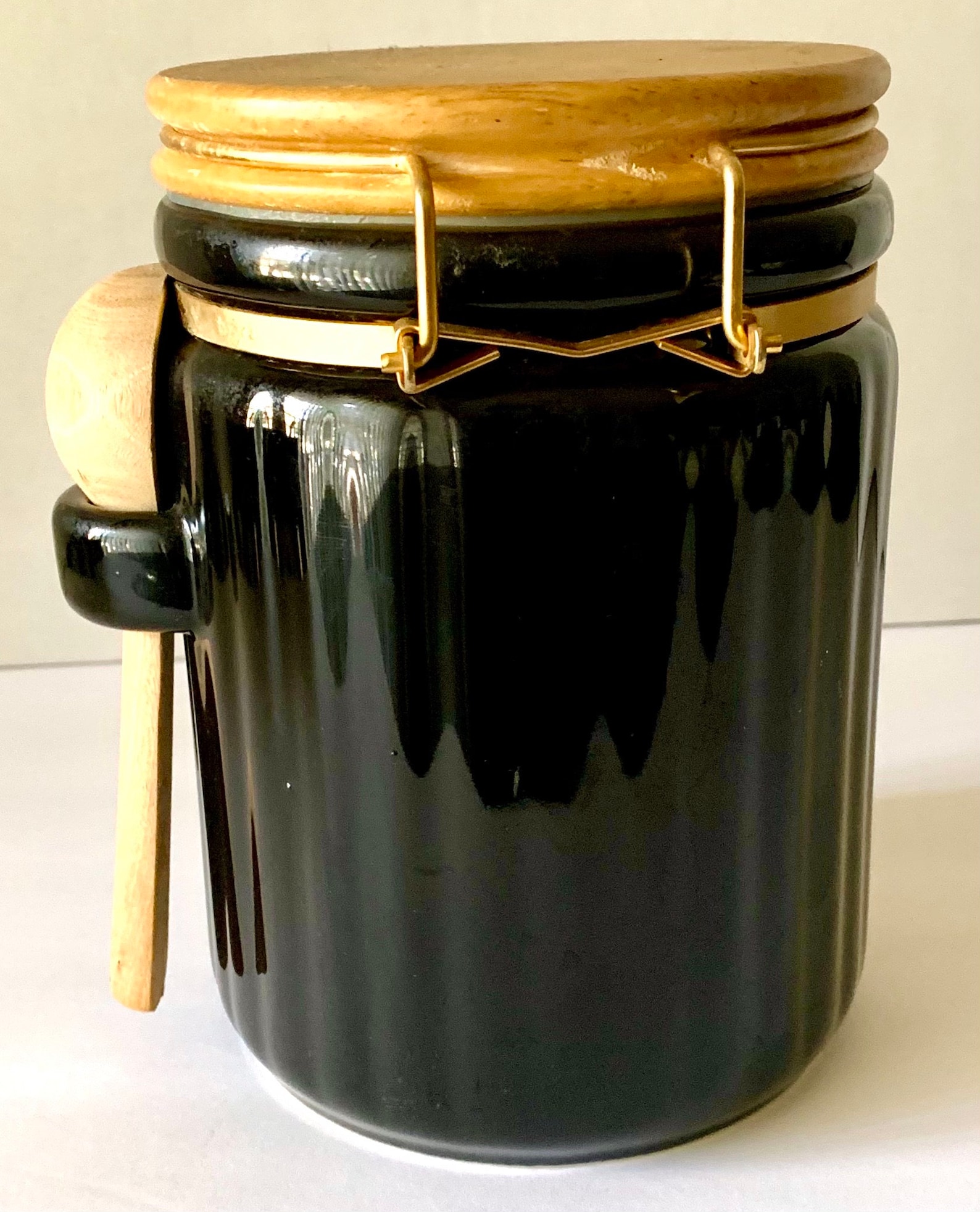 Vintage Black Ceramic Airtight Canister with Wooden Lid Etsy