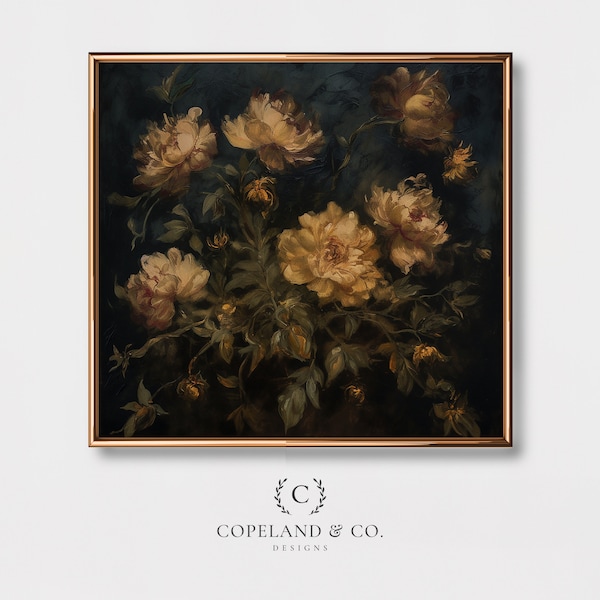 Peinture florale Golden Moody Art imprimable | Peinture à l’huile botanique | Art floral maussade | Impression académique sombre | Art mural de peinture maussade