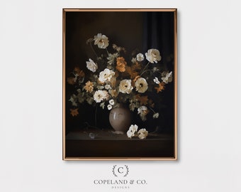 Cream Dark Moody Botanical Floral Painting Printable Art | Floral Painting | Moody Floral Art | Dark Academia Art | Moody Painting Wall Art