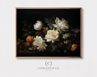 Cream & Gold Flower Painting Printable Art | Floral Painting | Moody Floral Art | Dark Academia Art | Moody Painting Wall Art