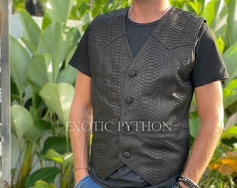 Mens black leather vest - Python leather waistcoat - Snake skin vest - Custom made leather vest - Leather vest men