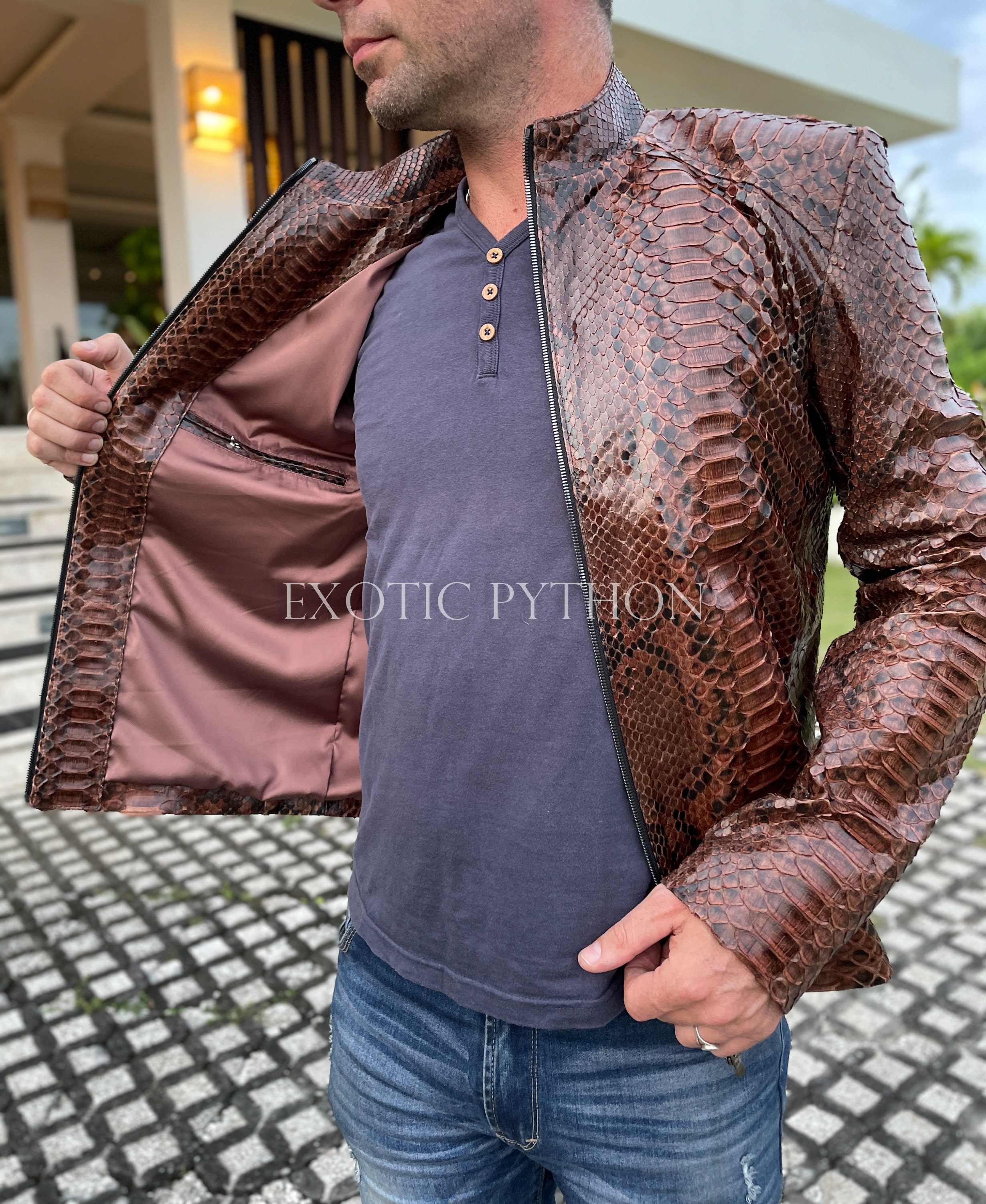 Men's Snake Print Leather Jacket in Moss Green - Arcane Fox M / Moss Green-#998D7F