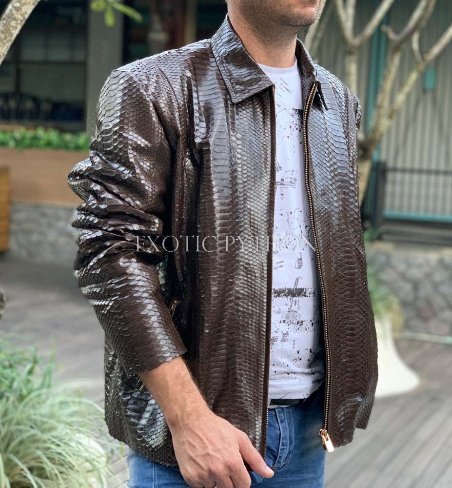 Men's Leather Jacket with Python Trimming and Custom Yankees Python Logo M