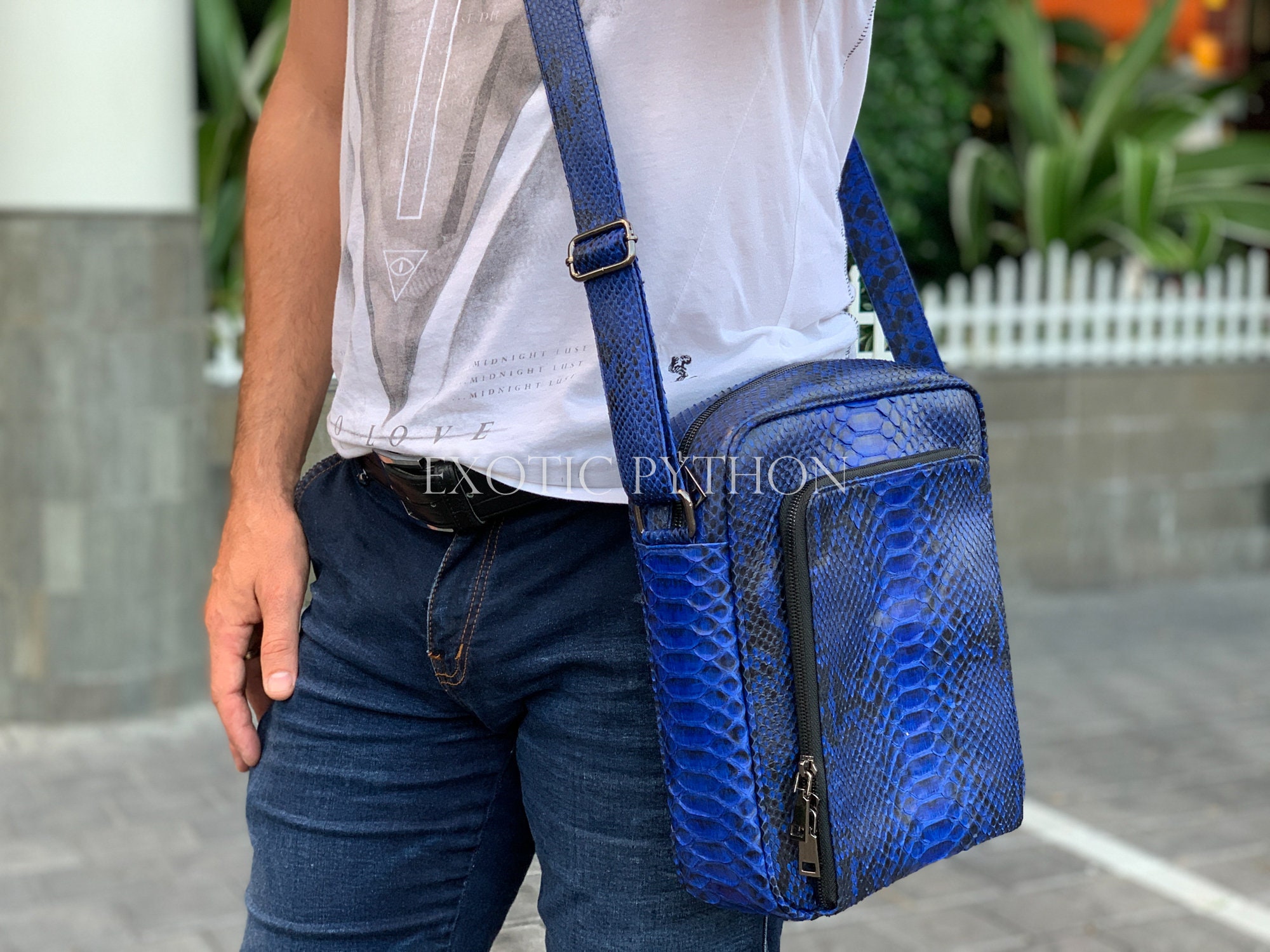 Blue Messenger Bag Python Bag Reptile Skin Bag Men's -  Israel