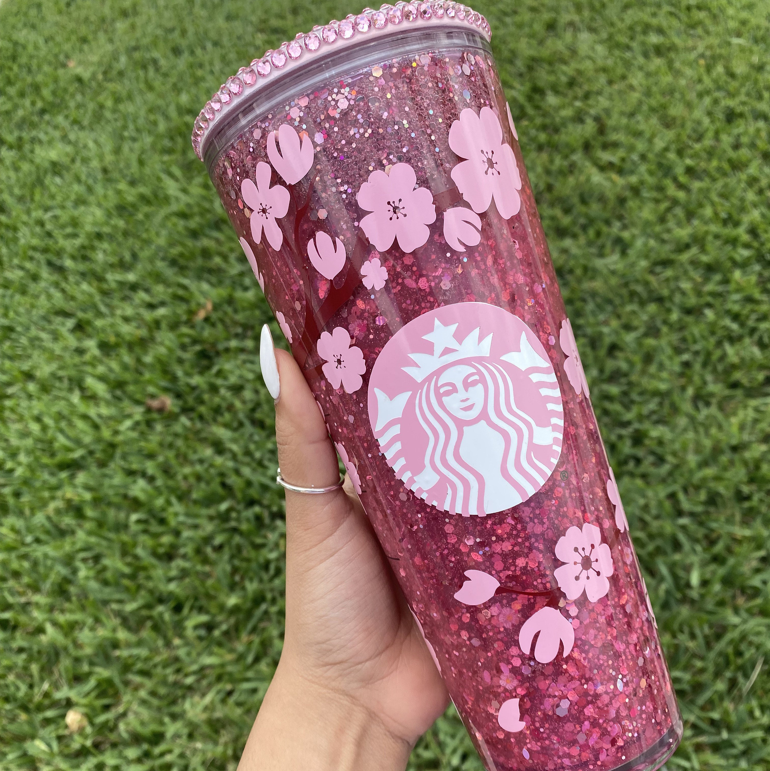 New 2022 Starbucks China Sakura Pink Glitter Studded Cold Cup Tumbler 24oz