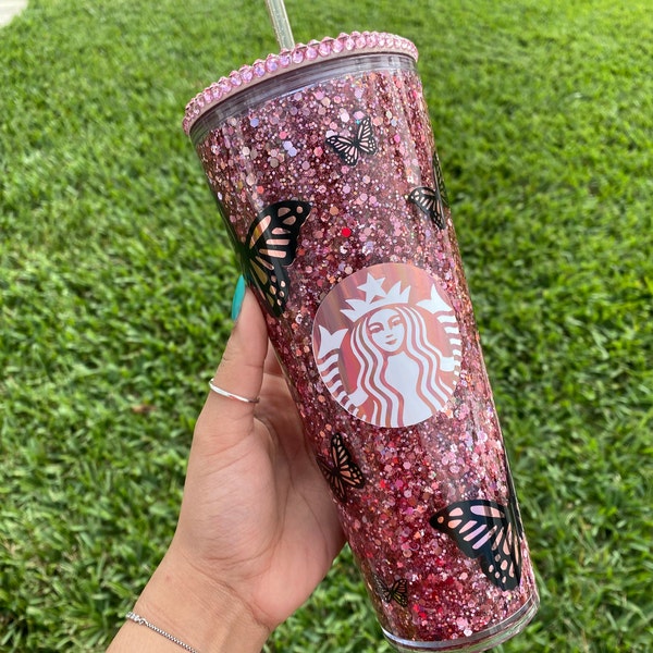 Butterfly 24 oz Snow Globe Tumbler, Butterfly Glitter Starbucks Tumbler, Butterfly Cup, Glitter Tumbler, Floating Glitter Tumbler