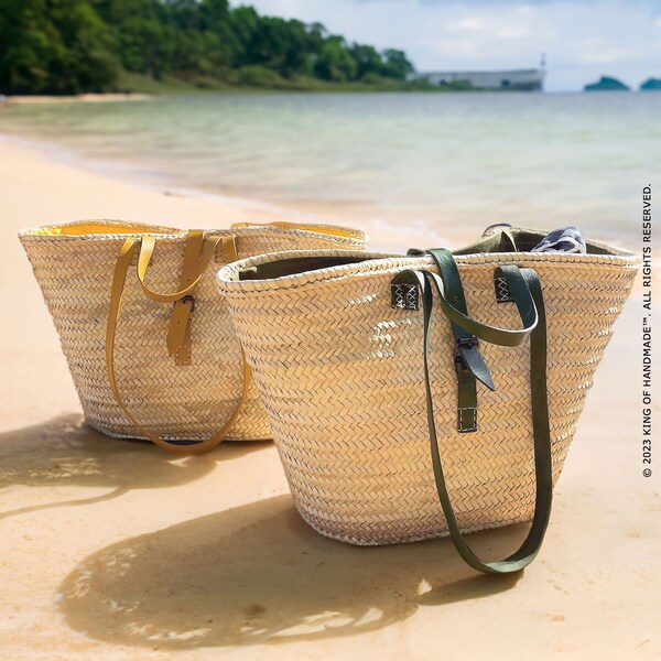 Grand sac fourre-tout de plage en paille - Panier de marché tressé à la main avec poignées en cuir, parfait voyage d'été et cadeau pour elle - Marché français (K48C3G)