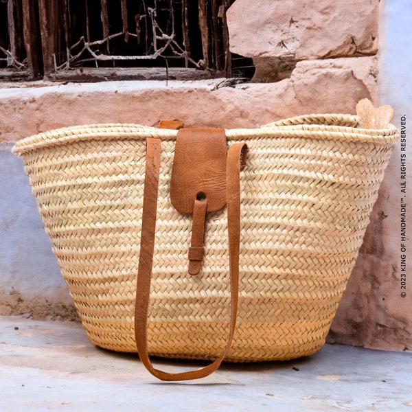 Large Straw Beach Tote Bag - Handwoven Market Basket With Leather Handles, Perfect Summer Travel and Gift for Her - French Market (K6EF2G)