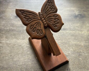 VTG Wooden Recipe Card Mail Holder with Clip Carved Butterfly Cottagecore 70s