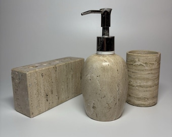 Vtg Marble Soap Dispenser Toothbrush Cup Set Frenchtex Mexico Travertine Marble