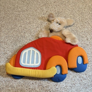 Vintage 1980 Wooltex Fabric Wall Hanging Puffy Dog Car Daycare Nursery Decor