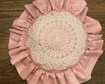 Vintage Round Pillow Handmade Doily Ruffled Pink Pillow