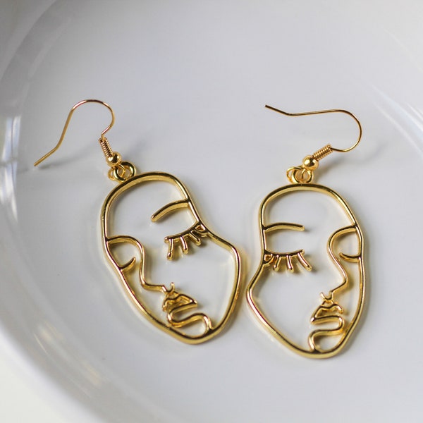 Abstract Silver & Gold Face Earrings, Picasso Statement Earrings, TikTok Earrings, Cute Earrings, Lesbian Earrings, Funny Earrings