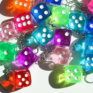 Colorful Dice Earrings, Clear Dice with Fishhook Ear Wires, Funny Earrings, Cute Earrings, Dangle Earrings, Handmade Earrings
