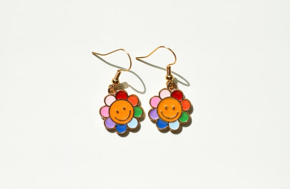 Takashi Murakami Earrings Rainbow Flower Earrings Funny Earrings Cute Earrings Dangle Earrings TikTok Earrings Kawaii Earrings