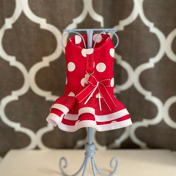 Red and white big and small  Polka Dot, XXS XSmall Small Dog Harness Ruffled, Custom with D-Ring