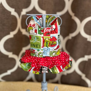 Grinch 12 days of Christmas, XXS XSmall Small Dog Harness Ruffled, Custom with D-Ring