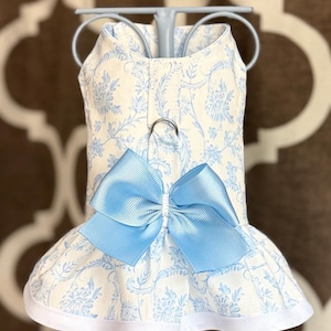 Blue  Chinoiserie Scroll  Dog Harness with Ruffle: | XXSmall - Large | Custom Sizes available  | Pet Apparel with D-Ring