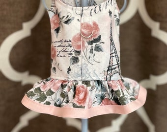 Paris and Roses, XXS XSmall Small Dog Harness Ruffled, Custom with D-Ring
