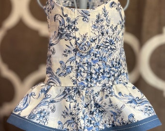 Tea Time Vintage Blue Floral Victorian , Pet Harness XXS XSmall Small Dog Harness Ruffled, Custom with D-Ring