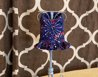Fourth ofJuly Fireworks, XXS XSmall Small Dog Harness Ruffled, Custom with D-Ring