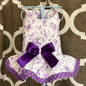 Dog Harness with Ruffle: Floral Roses Purple trimmed in Polka Dots | XXSmall - Large | Custom Sizes available  | Pet Apparel with D-Ring