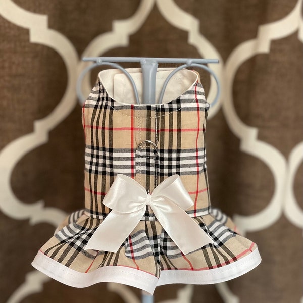 Plaid 4 Natural Tartan Striped trimmed with bow, pet harness XXS XSmall Small Dog Harness Ruffled, Custom with D-Ring