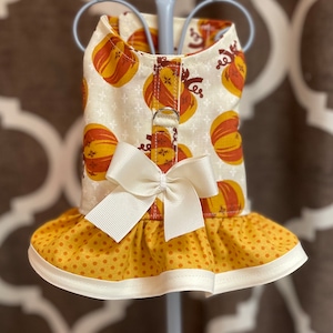 May include: A white dog harness with a pumpkin print and a white bow. The harness has a yellow polka dot ruffle trim.