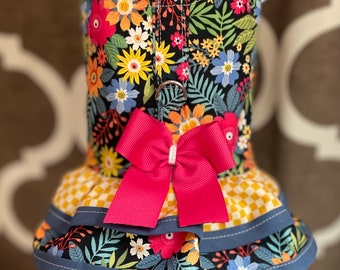 Paradise flowers and Golden  Checks , Ruffled Dog Pet Harness , XXS XSmall Small Dog Harness Ruffled, Custom with D-Ring