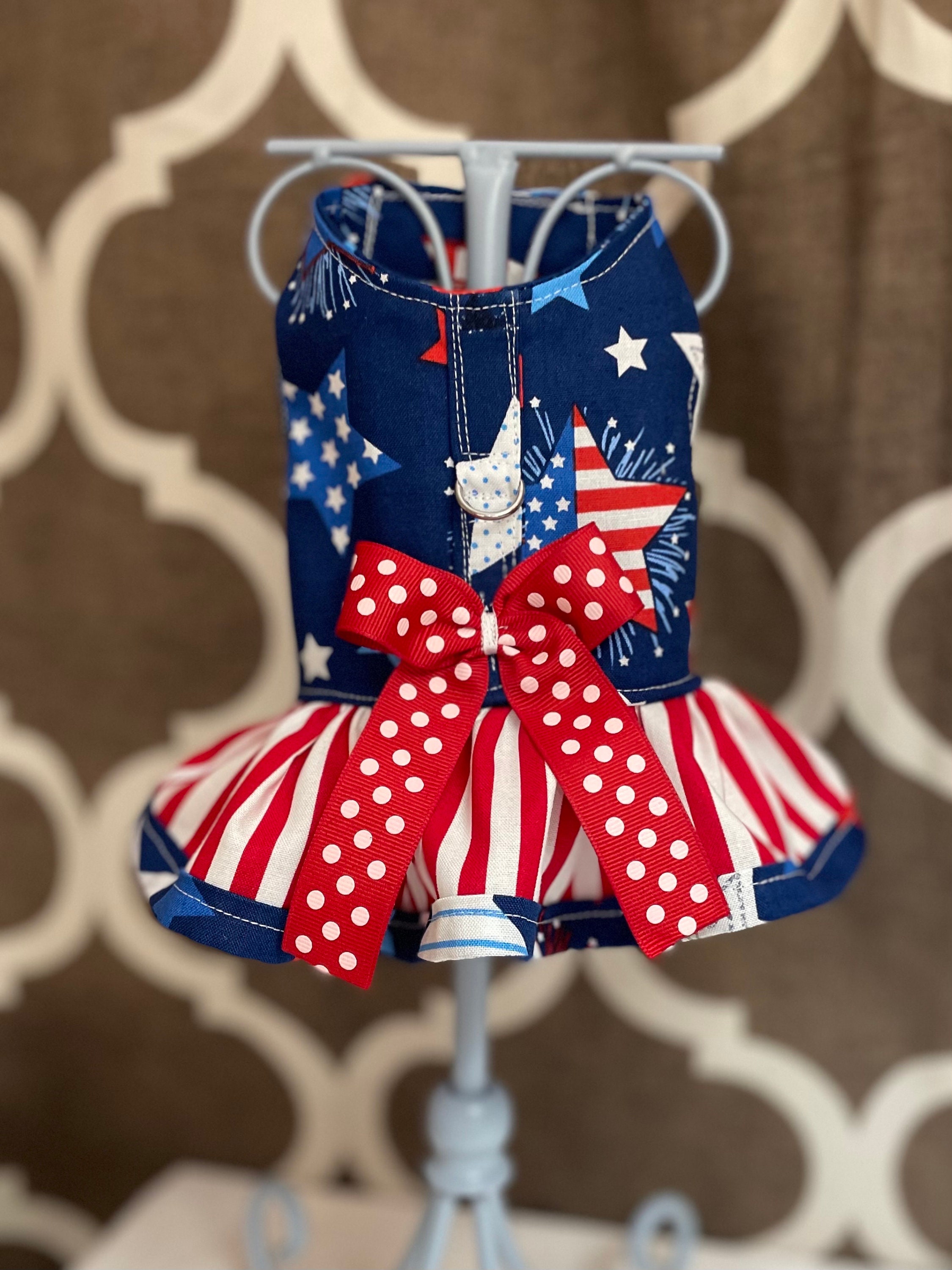 Red White and Blue Starburts, Usa PROUD XXS XSmall Small Dog Harness Ruffled, Custom with D-Ring