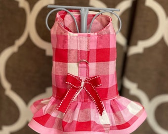 Pink, Red and White Buffalo Check with Bow, XXS XSmall Small Dog Harness Ruffled, Custom with D-Ring