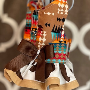 Aztec Boho Southwest Cow Print ruffled Harness with Bow , XXS XSmall Small Dog Harness, Custom with D-Ring