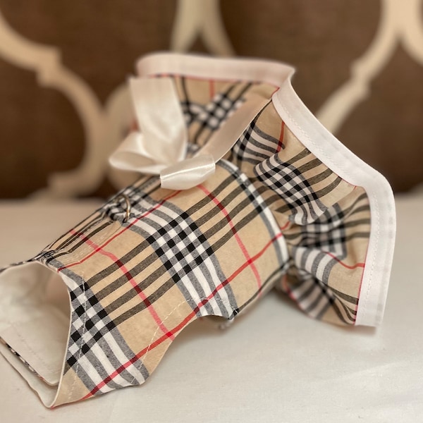 Plaid poplin fabric ruffled Harness with Bow , XXS XSmall Small Dog Harness, Custom with D-Ring