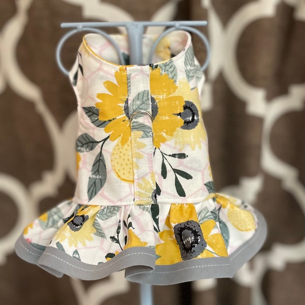 Sunflowers and Daisy Lemons, XXS XSmall Small Dog Harness Ruffled, Custom with D-Ring