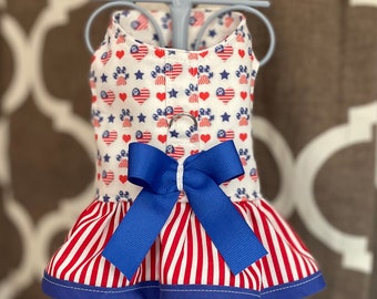 Red White and Blue Paw Print Flags, Usa PROUDXXS XSmall Small Dog Harness Ruffled, Custom with D-Ring