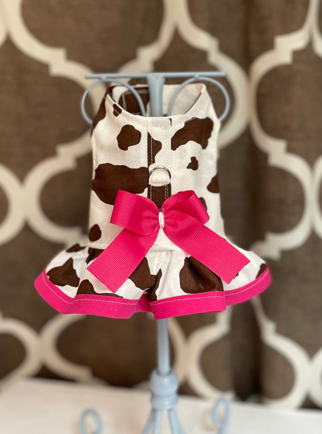 Aztec Brown and White Cow Print Trimmed With Pink Ruffled Harness With