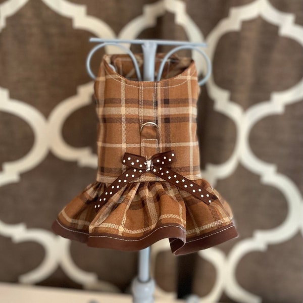 Fall Brown and Kahki Plaid print ruffled Harness with Bow , XXS XSmall Small Dog Harness, Custom with D-Ring