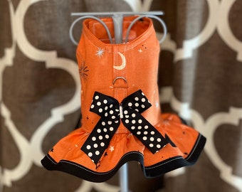 Spell Bound  Moon and Stars, Orange w/ Black or Black w/ Lavender with Bow, XXS XSmall Small Dog Harness Ruffled, Custom with D-Ring