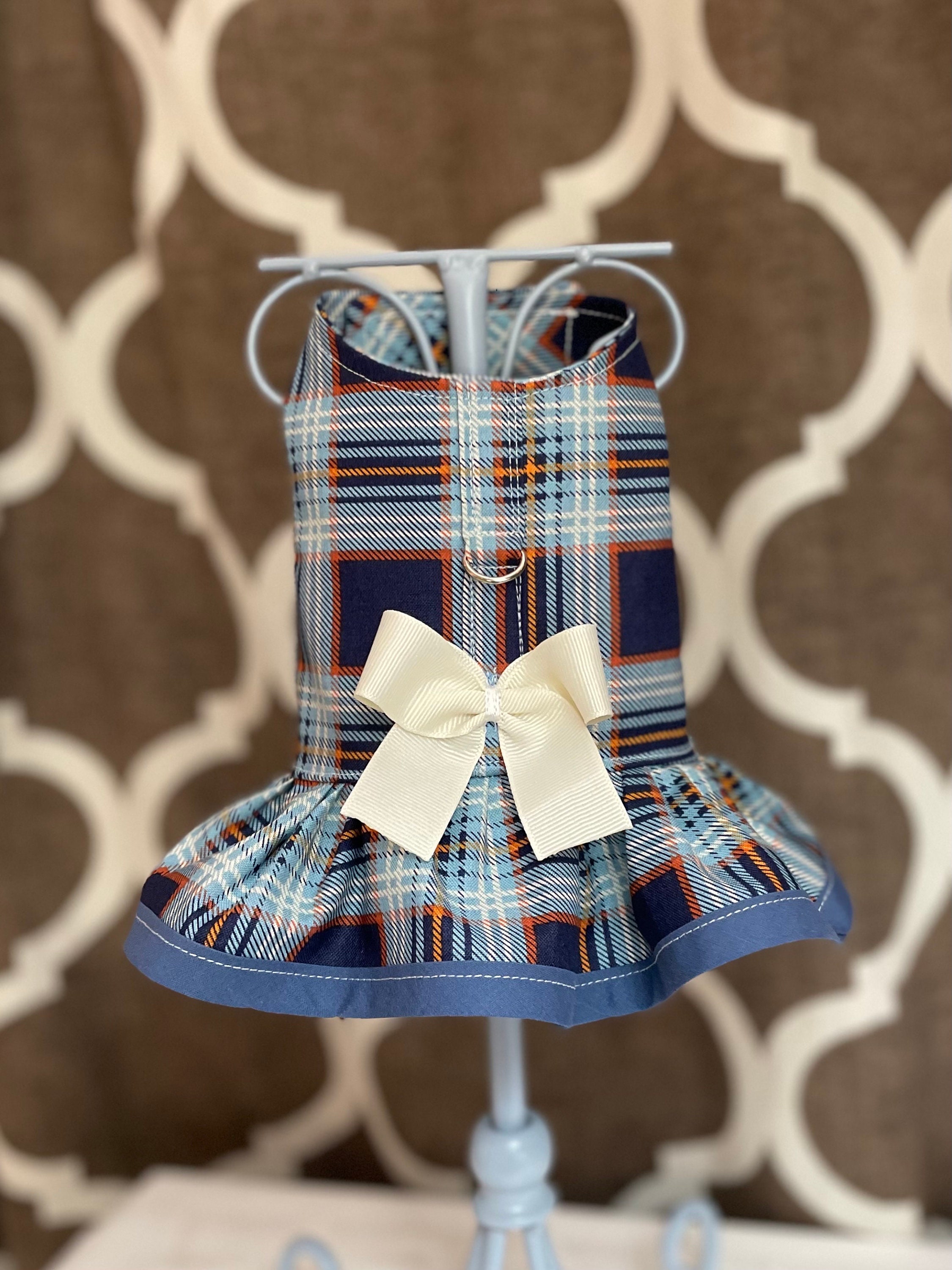Fall Blue Multi  Plaid print ruffled Harness with Bow , XXS XSmall Small Dog Harness, Custom with D-Ring
