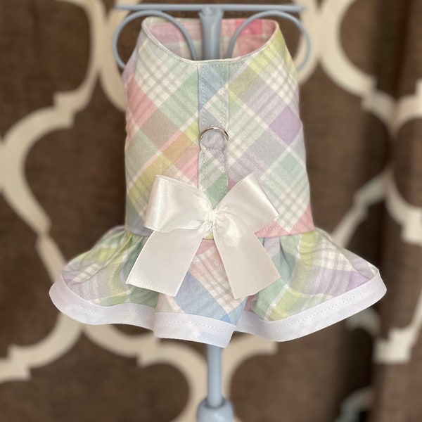 Pastel multi Plaid Pink, Lavender, Blue,White  Plaid, XXS XSmall Small Dog Harness Ruffled, Custom with D-Ring