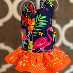 Flamingo Paradise Jungle, XXS XSmall Small Dog Harness Ruffled, Custom with D-Ring