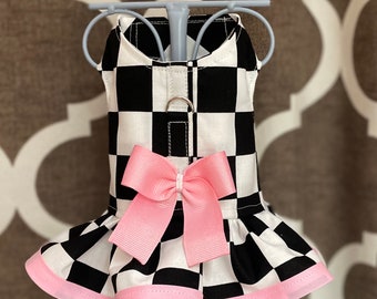 Handmade Dog Harness: Black White Checkered Ruffle Pet Apparel (Custom Sizes)