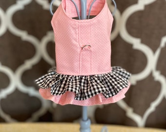 Handmade Dog Harness: Pink Gingham Ruffle Pet Apparel (Custom Sizes)