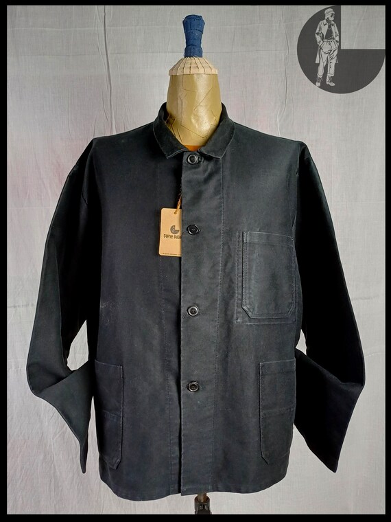 Vintage 80s Dutch European Workwear Black Moleskin Chore Jacket 