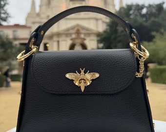 Butterfly Black  Italian Leather Top Handle Handbag, Bag with Butterfly, Unique Gifts for Her