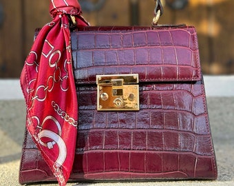 Sali Bordeaux Print Crocodile Top Handle Bag, Genuine Italian leather, Top Handle Bag for Women, Luxury Top Handle Bag, Gift for Her