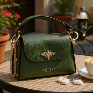 Bolso de mano de piel italiana verde mariposa con asa superior, bolso con mariposa, bolso de lujo, bolso elegante, regalo único para ella